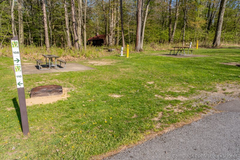 Campsite Photo of Site 108 at Selkirk Shores State Park, New York - Looking at Site from Road Sign Visible