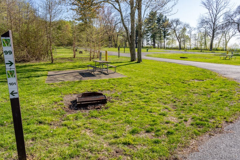 Campsite Photo of Site 99 at Selkirk Shores State Park, New York - Looking at Site from Road Sign Visible