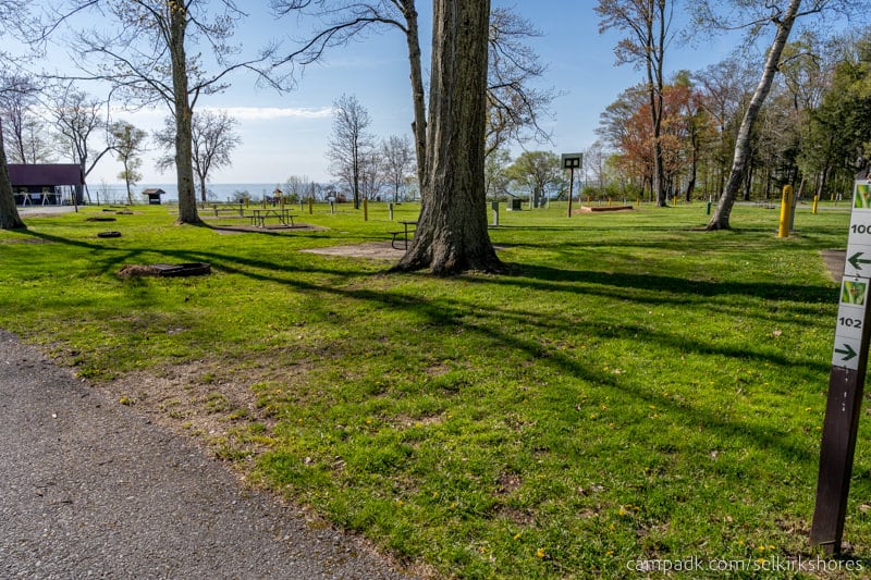 Campsite Photo of Site 100 at Selkirk Shores State Park, New York - Looking at Site from Road Sign Visible