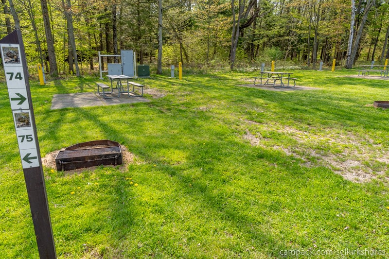 Campsite Photo of Site 74 at Selkirk Shores State Park, New York - Looking at Site from Road Sign Visible