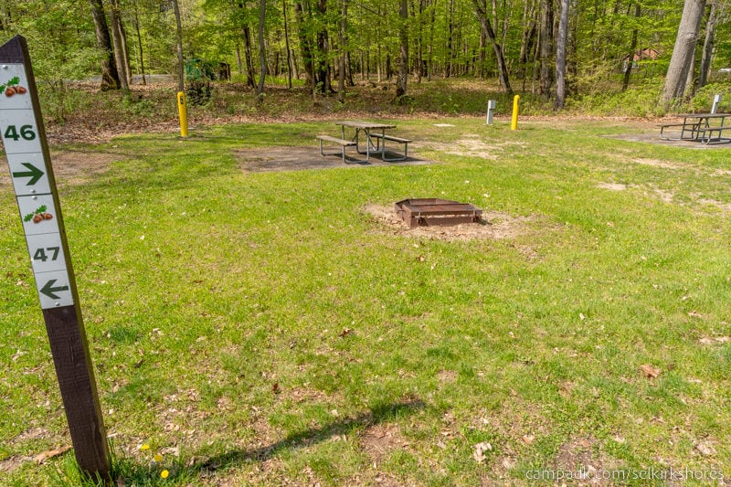 Campsite Photo of Site 46 at Selkirk Shores State Park, New York - Looking at Site from Road Sign Visible