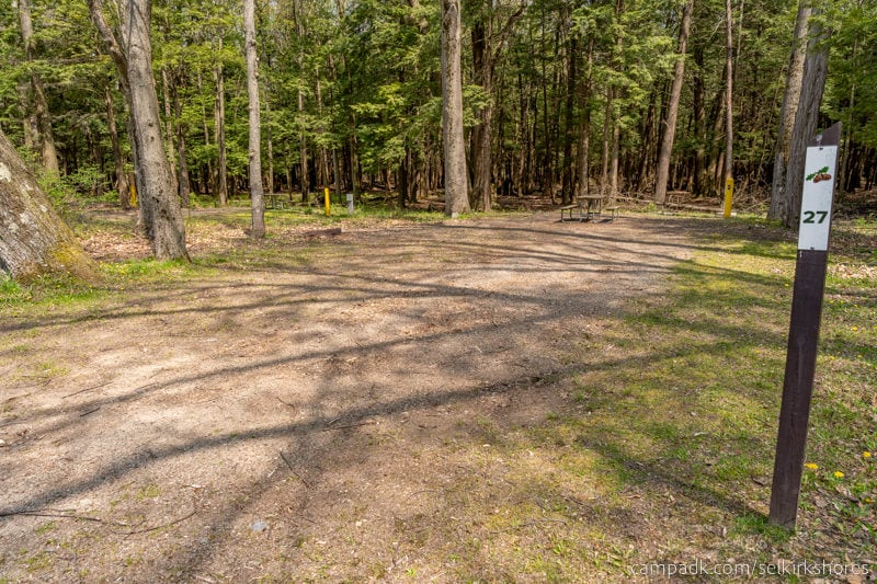 Campsite Photo of Site 27 at Selkirk Shores State Park, New York - Looking at Site from Road Sign Visible