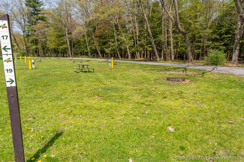 Campsite Photo of Site 19 at Selkirk Shores State Park, New York - Looking at Site from Road Sign Visible
