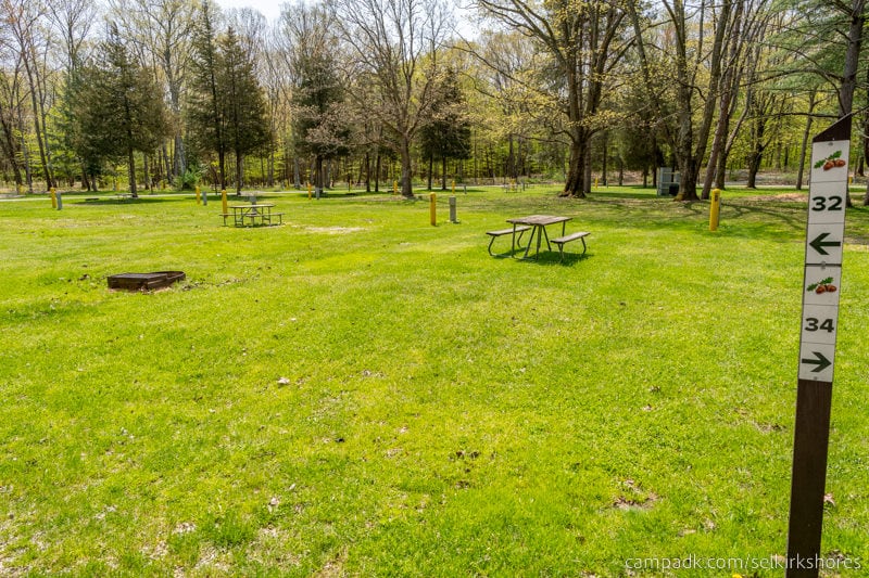 Campsite Photo of Site 32 at Selkirk Shores State Park, New York - Looking at Site from Road Sign Visible