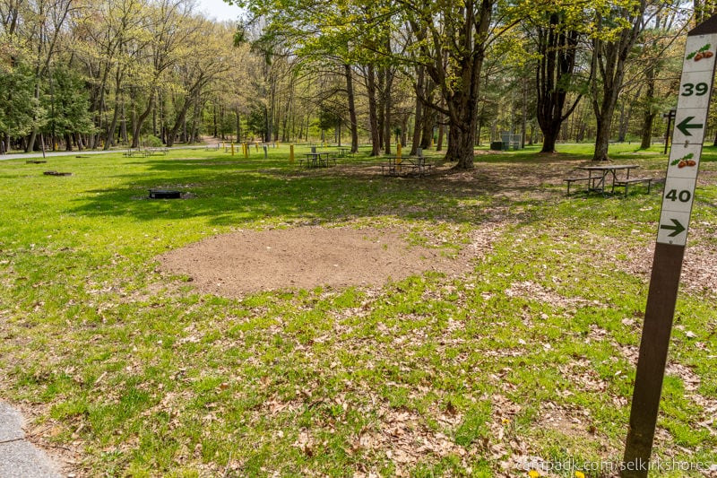 Campsite Photo of Site 39 at Selkirk Shores State Park, New York - Looking at Site from Road Sign Visible
