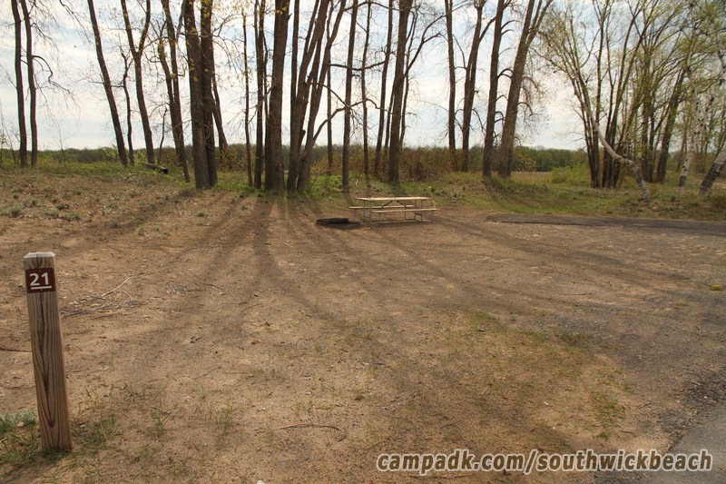 Campsite Photo of Site 21 at Southwick Beach State Park, New York - Looking at Site from Road Sign Visible
