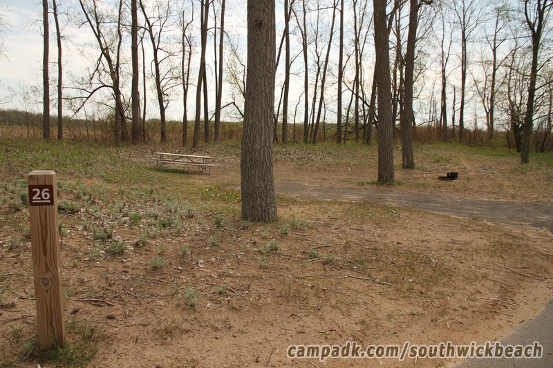 Campsite Photo of Site 26 at Southwick Beach State Park, New York - Looking at Site from Road Sign Visible
