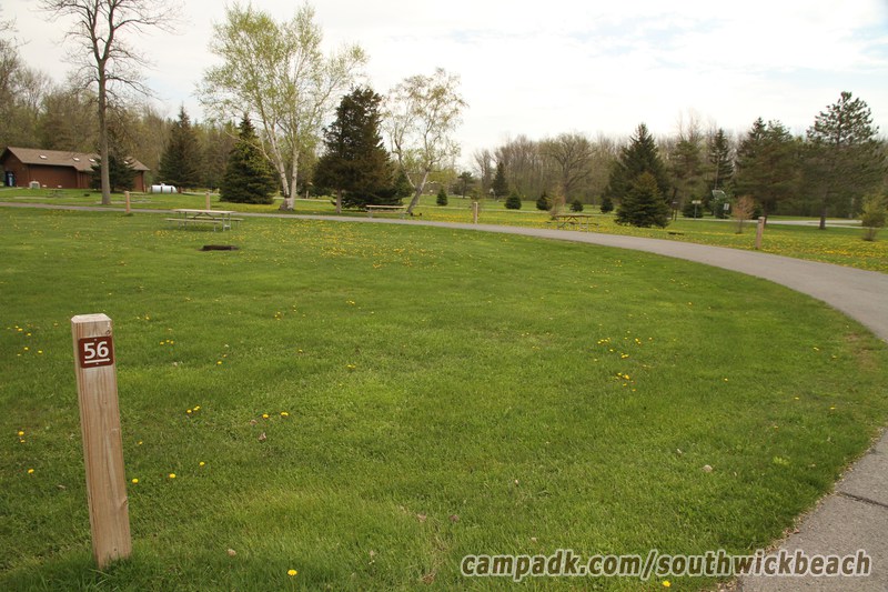 Campsite Photo of Site 56 at Southwick Beach State Park, New York - Looking at Site from Road Sign Visible
