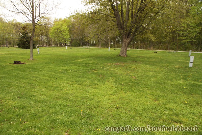 Campsite Photo of Site 66 at Southwick Beach State Park, New York - Looking at Site from Road Sign Visible