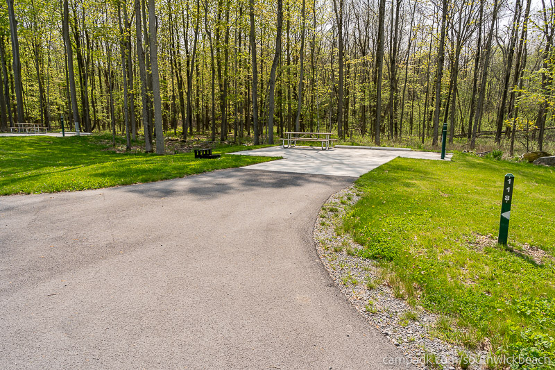Campsite Photo of Site 118 at Southwick Beach State Park, New York - Looking at Site from Road Sign Visible