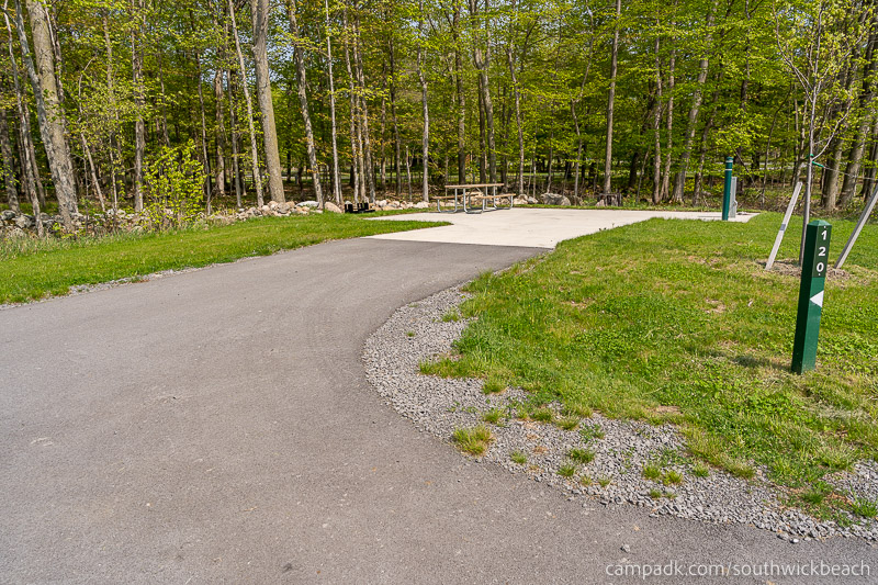 Campsite Photo of Site 120 at Southwick Beach State Park, New York - Looking at Site from Road Sign Visible
