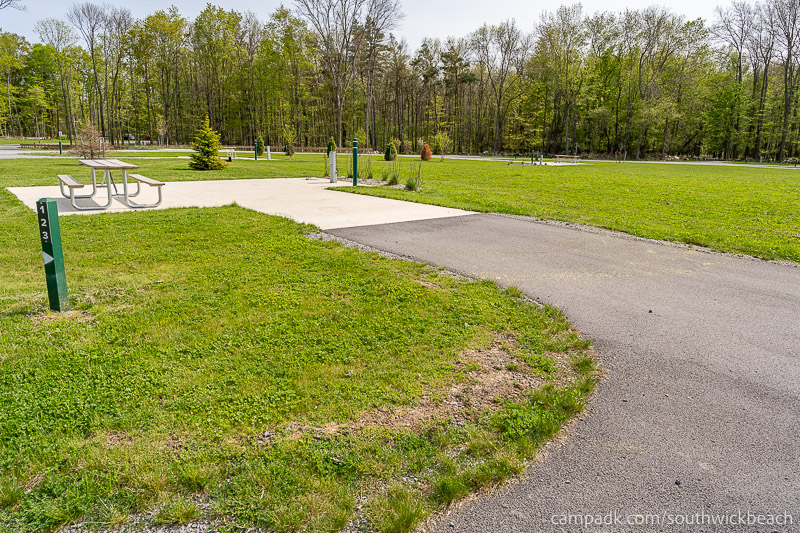 Campsite Photo of Site 123 at Southwick Beach State Park, New York - Looking at Site from Road Sign Visible