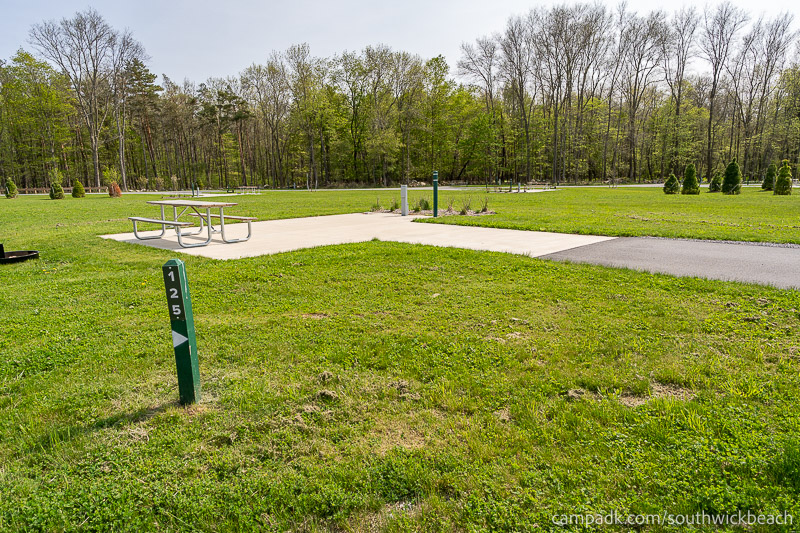 Campsite Photo of Site 125 at Southwick Beach State Park, New York - Looking at Site from Road Sign Visible