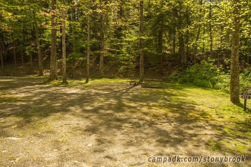 Campsite Photo of Site 412 at Stony Brook State Park, New York - Looking at Site from Road Sign Visible