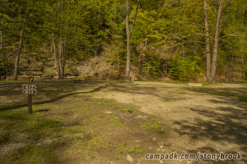Campsite Photo of Site 432 at Stony Brook State Park, New York - Looking at Site from Road Sign Visible