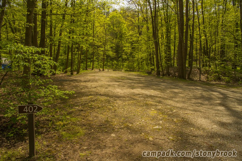 Campsite Photo of Site 402 at Stony Brook State Park, New York - Looking at Site from Road Sign Visible