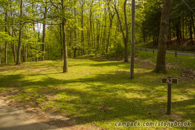 Campsite Photo of Site A2 at Stony Brook State Park, New York - Looking at Site from Road Sign Visible