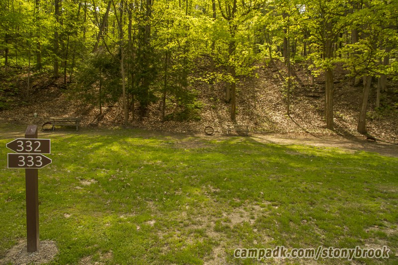 Campsite Photo of Site 333 at Stony Brook State Park, New York - Looking at Site from Road Sign Visible