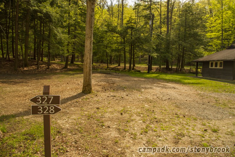 Campsite Photo of Site 328 at Stony Brook State Park, New York - Looking at Site from Road Sign Visible