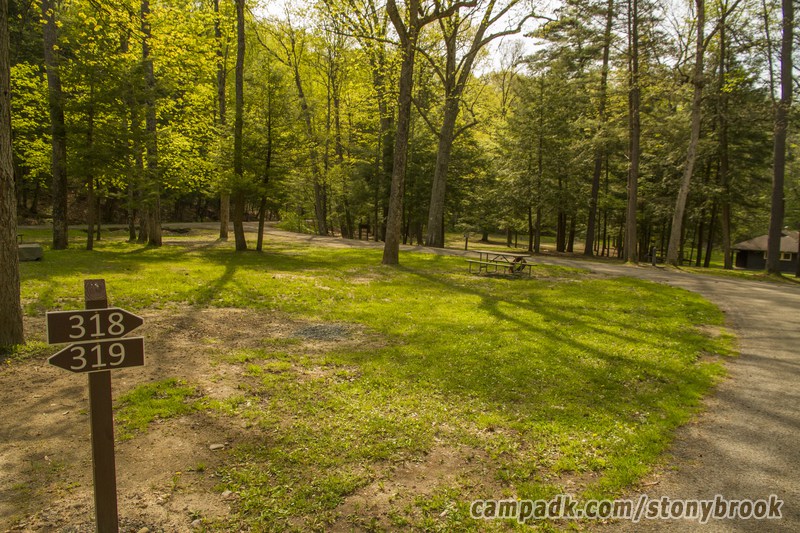 Campsite Photo of Site 318 at Stony Brook State Park, New York - Looking at Site from Road Sign Visible