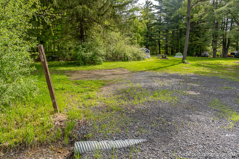 Campsite Photo of Site 130 at Thompsons Lake Campground, New York - Looking at Site from Road Sign Visible