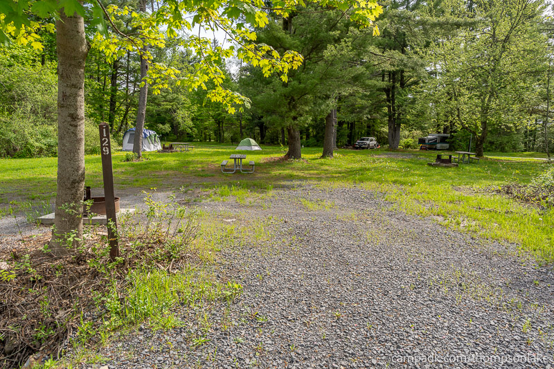 Campsite Photo of Site 129 at Thompsons Lake Campground, New York - Looking at Site from Road Sign Visible