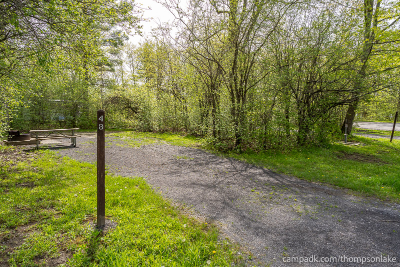 Campsite Photo of Site 48 at Thompsons Lake Campground, New York - Looking at Site from Road Sign Visible