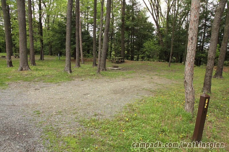 Campsite Photo of Site 82 at Watkins Glen State Park, New York - Looking at Site from Road Sign Visible
