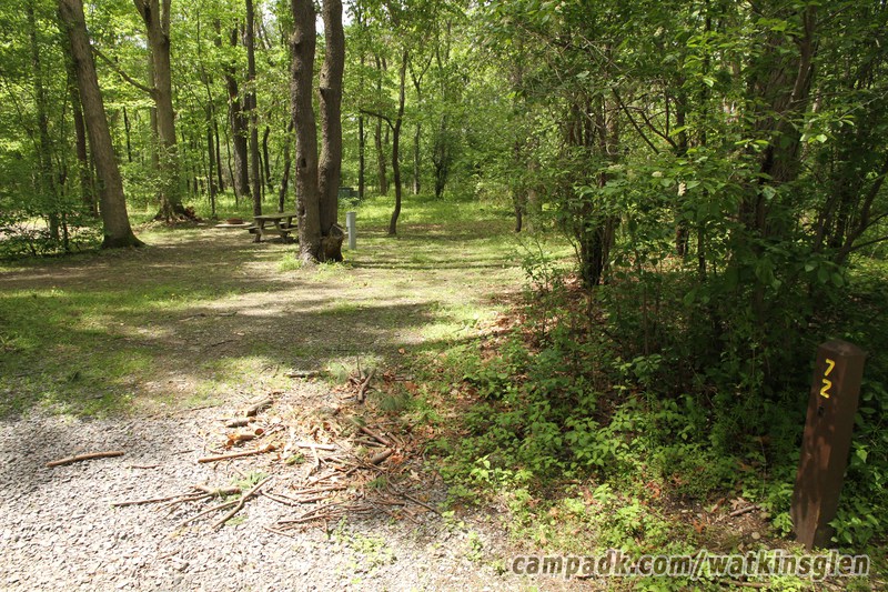 Campsite Photo of Site 72 at Watkins Glen State Park, New York - Looking at Site from Road Sign Visible