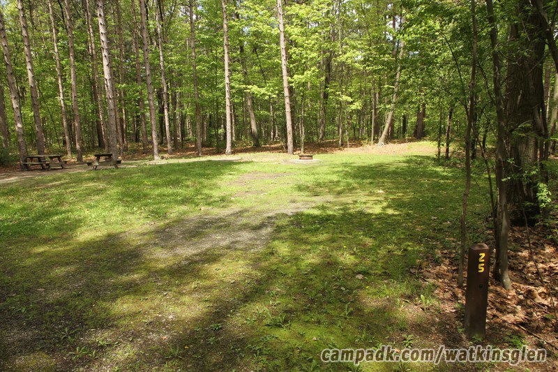 Campsite Photo of Site 25 at Watkins Glen State Park, New York - Looking at Site from Road Sign Visible