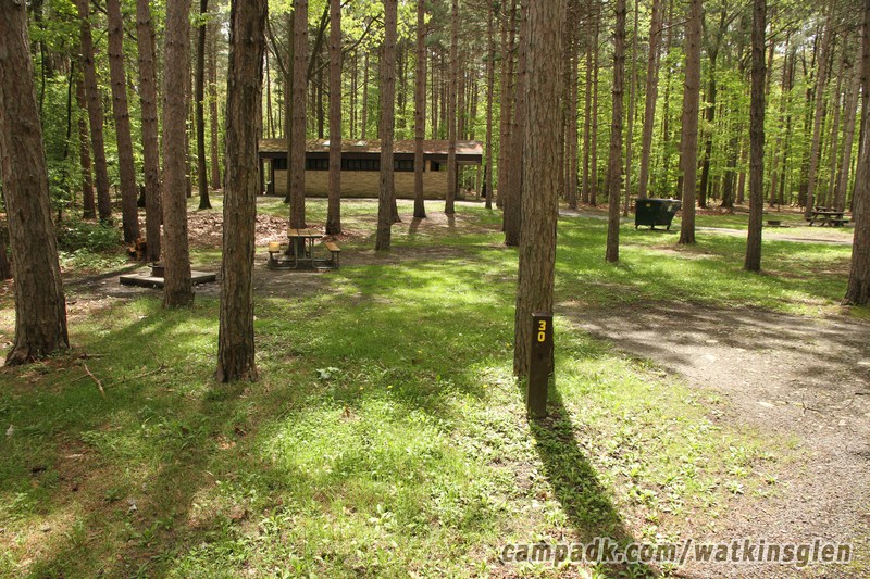 Campsite Photo of Site 30 at Watkins Glen State Park, New York - Looking at Site From Road Sign Visible
