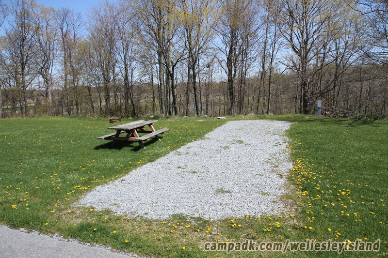 Campsite Photo of Site 28 at Wellesley Island State Park, New York - Looking at Site from Road Sign Visible