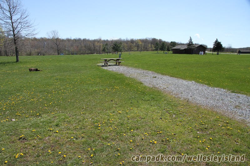 Campsite Photo of Site 33 at Wellesley Island State Park, New York - Looking at Site from Road Sign Visible