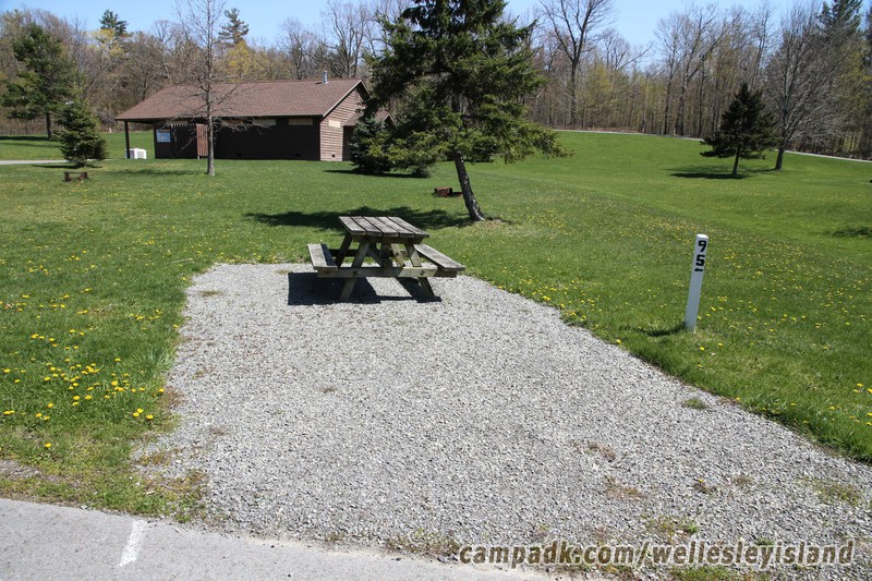 Campsite Photo of Site 95 at Wellesley Island State Park, New York - Looking at Site from Road Sign Visible