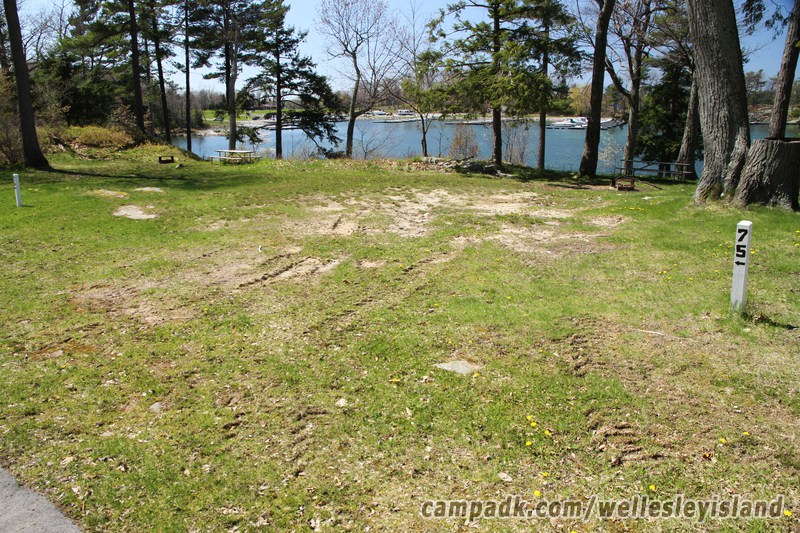 Campsite Photo of Site 75 at Wellesley Island State Park, New York - Looking at Site from Road Sign Visible