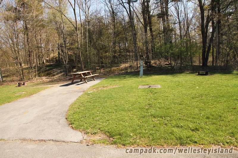Campsite Photo of Site 14 at Wellesley Island State Park, New York - Looking at Site from Road Sign Visible