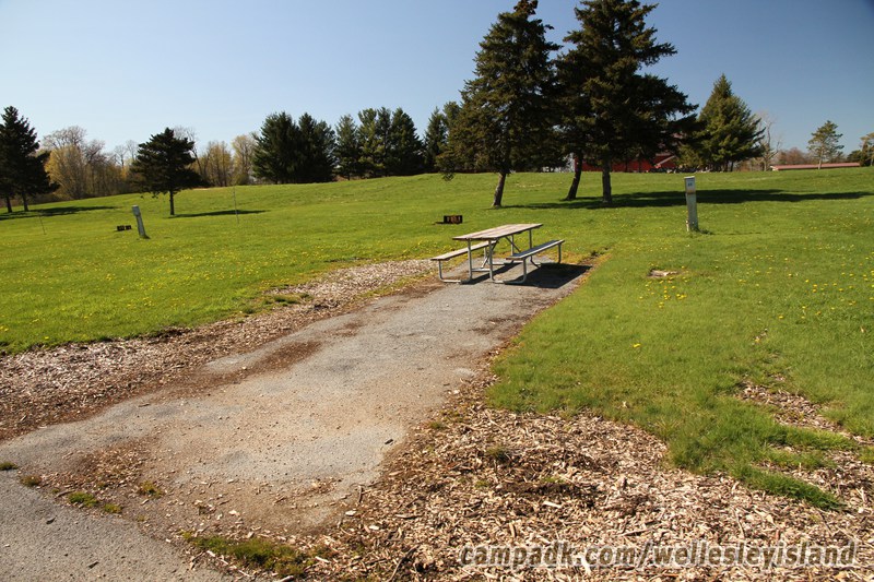 Campsite Photo of Site 44 at Wellesley Island State Park, New York - Looking at Site from Road Sign Visible