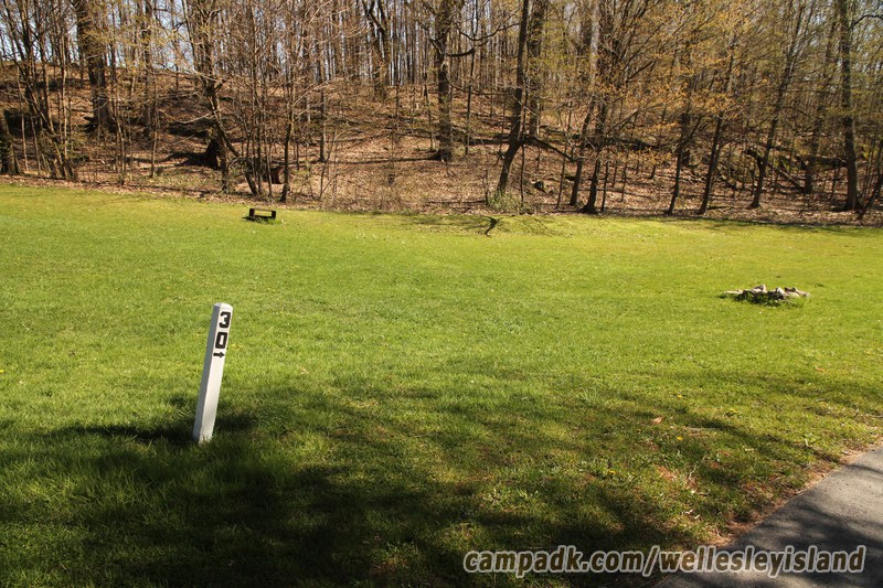 Campsite Photo of Site 30 at Wellesley Island State Park, New York - Looking at Site from Road Sign Visible