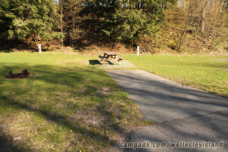 Campsite Photo of Site 29 at Wellesley Island State Park, New York - Looking at Site from Road Sign Visible