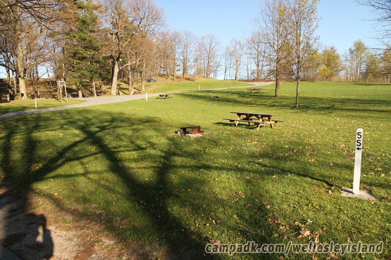Campsite Photo of Site 55 at Wellesley Island State Park, New York - Looking at Site from Road Sign Visible