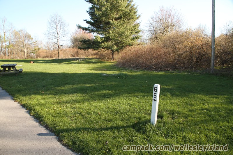 Campsite Photo of Site 65 at Wellesley Island State Park, New York - Looking at Site from Road Sign Visible
