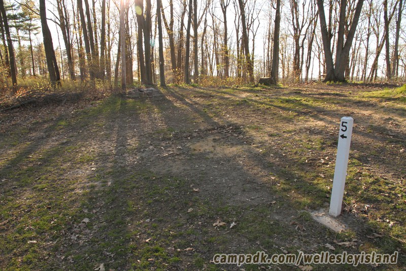 Campsite Photo of Site 5 at Wellesley Island State Park, New York - Looking at Site from Road Sign Visible
