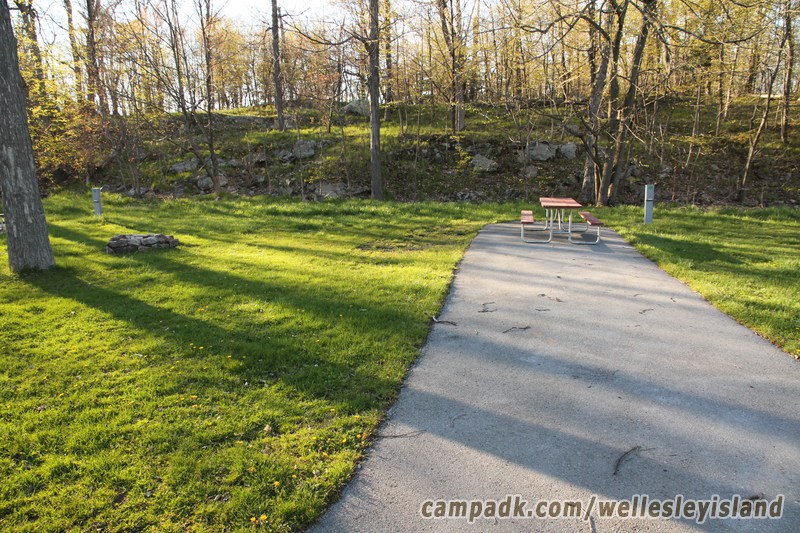Campsite Photo of Site 44 at Wellesley Island State Park, New York - Looking at Site from Road Sign Visible