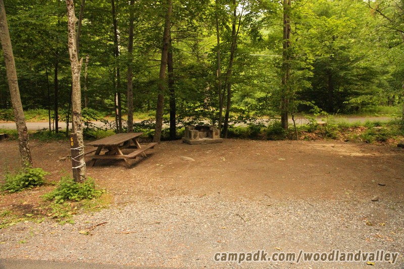 Campsite Photo of Site 60 at Woodland Valley Campground, New York - Looking at Site from Road Sign Visible